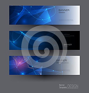 Illustration banners set, Abstract Molecules with Circles, Lines, Geometric, Polygon. Vector design network communication on dark