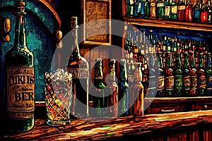 Illustration of a bar interior with bottles of alcoholic beverages and ice