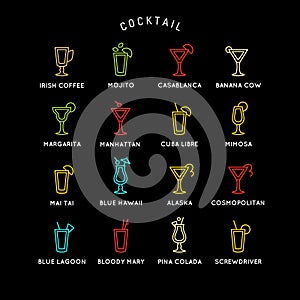 Illustration for bar menu set alcoholic cocktails. Vector line drawing of a Drink on background.