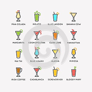 Illustration for bar menu set alcoholic cocktails. Vector linear drawing of a Drink on background.