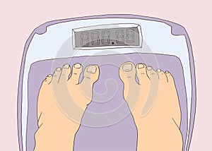 Illustration of bare feet standing on scale in color