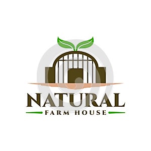 Illustration of a barn and leaf logo. natural farm house logo vector template