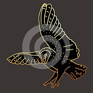 illustration of a barn owl. A flying bird. graphic illustration with golden lines on a dark background