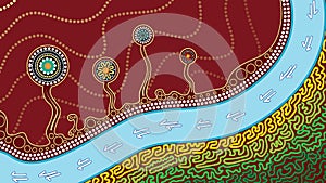 Illustrazioni basato su sul indigeno stile da punto il dipinto trucco canguro orologio alberi un un fiume 