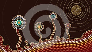 An illustration based on aboriginal style of dot painting depicting trees, hill and sun.