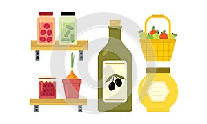 Flat vector design of basket with apples, pickled cucumbers and tomatoes, jar of jam and honey, bottle of olive oil