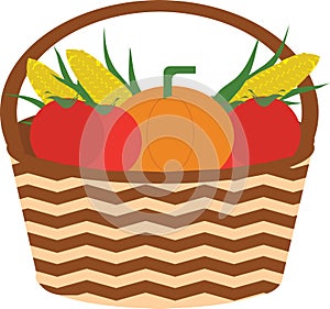 Illustration Basket of Corn, Tomato and Pumpkin