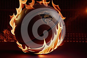 Illustration of the basketball ball enveloped in fire flames on black background, generative ai