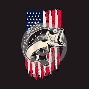 Illustration of bass fish of background of usa flag in grunge style. Design element for poster,card, banner, sign