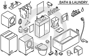 Illustration of bath and laundry products needed for new life, simple isometric, black and white