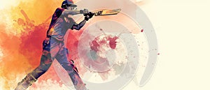 Illustration of batsman in cricket game on watercolor background banner. Ai Generated