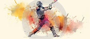 Illustration of batsman in cricket game on watercolor background banner. Ai Generated