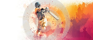Illustration of batsman in cricket game on watercolor background banner. Ai Generated