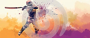 Illustration of batsman in cricket game on watercolor background banner. Ai Generated