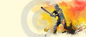 Illustration of batsman in cricket game on watercolor background banner. Ai Generated