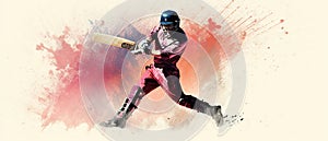 Illustration of batsman in cricket game on watercolor background banner. Ai Generated