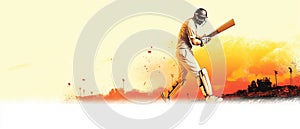 Illustration of batsman in cricket game on watercolor background banner. Ai Generated