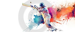 Illustration of batsman in cricket game on watercolor background banner. Ai Generated