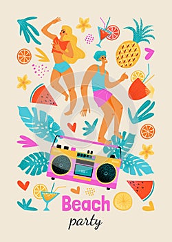 Illustration for a beach party poster with dancing young people in, a tape recorder and tropical plants