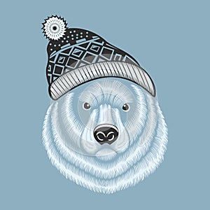 Illustration of bear hipster in knitted hat with