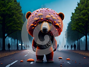 Illustration of a Bear with Mushrooms. AI generated photo