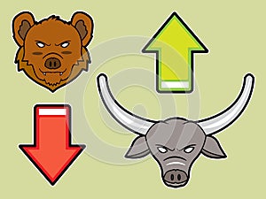 Illustration of a bear`s head and a bull`s head which is an icon of stock market conditions