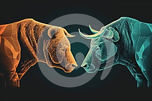 Illustration of a bear vs. and a bull, optimists vs. pessimists in the stock market. Ai generated photo