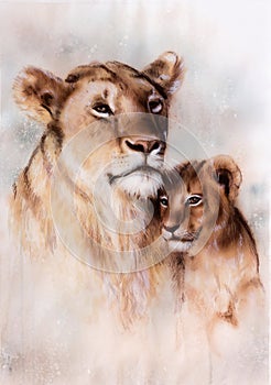 illustration, beautiful airbrush painting of a loving lion mother and her baby