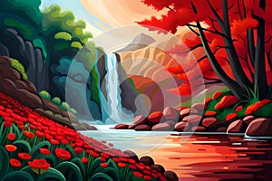 Illustration of a beautiful autumn landscape with a waterfall and red flowers, abstract nature, generative ai