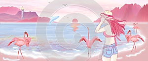 Illustration Beautiful bikini girl strolling on the beach in Hawaii watching the sunrise, flamingo playing in the seaside