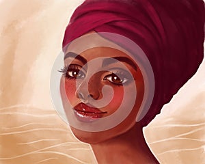 Illustration of a beautiful black woman in a turban. Art illustration, African American beauty, African natural ethnic beauty