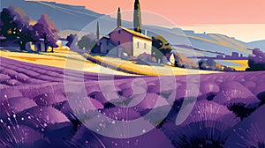 Illustration of beautiful blooming lavender fields in Provence, France