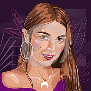 Illustration of beautiful caucasian smiling woman with long hair and different jewellery