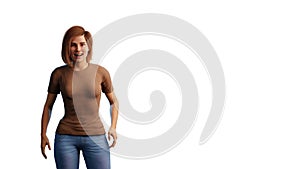 Illustration of a beautiful caucasian woman looking straight into camera and similing. 3d illustration