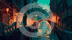 Illustration of the beautiful city of Venice. City of gondoliers, bridges, carnivals and love. Italy