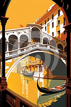 Illustration of the beautiful city of Venice. City of gondoliers, bridges, carnivals and love. Italy