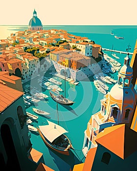 Illustration of the beautiful city of Venice. City of gondoliers, bridges, carnivals and love. Italy