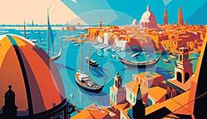 Illustration of the beautiful city of Venice. City of gondoliers, bridges, carnivals and love. Italy