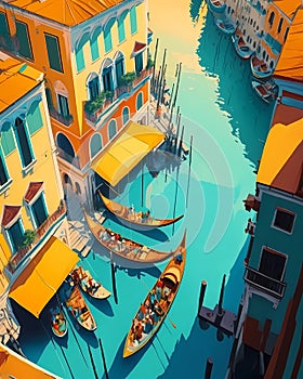 Illustration of the beautiful city of Venice. City of gondoliers, bridges, carnivals and love. Italy