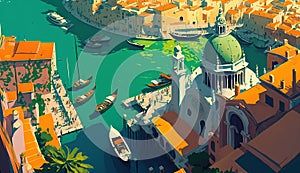 Illustration of the beautiful city of Venice. City of gondoliers, bridges, carnivals and love. Italy