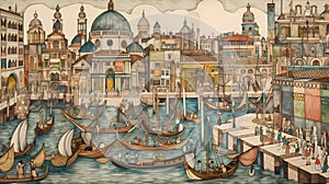 Illustration of the beautiful city of Venice. City of gondoliers, bridges, carnivals and love. Italy