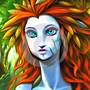 Illustration of beautiful dryad woman portrait, generative AI