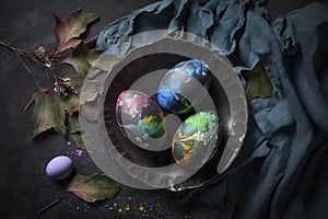 illustration, beautiful eggs for Easter paint splash on a dark background, ai generative