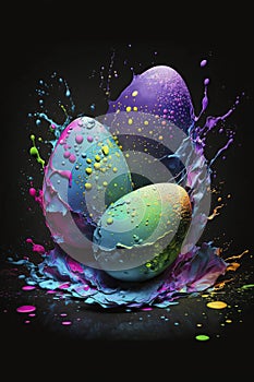 illustration, beautiful eggs for Easter paint splash on a dark background, ai generative