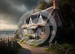 Illustration of beautiful English cottage by the seaside