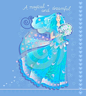 Illustration of beautiful fairy in luxurious dress with bouquet of flowers. Wedding greeting card. Background or cover for