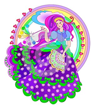 Illustration of beautiful fairyland princess with magic wand and fan. Book cover for children fairy tale.