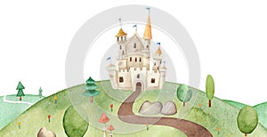Illustration of Beautiful fairytale path leading to the castle on hill. Watercolor castle on a hill surrounded by trees
