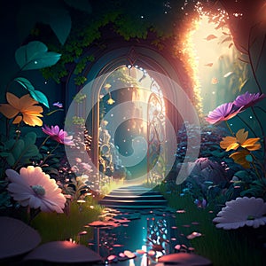 Illustration of a beautiful fantasy garden with a door and a pond Generative AI