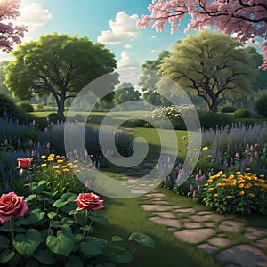 Illustration of beautiful fantasy park with flowers and trees, summer landscape